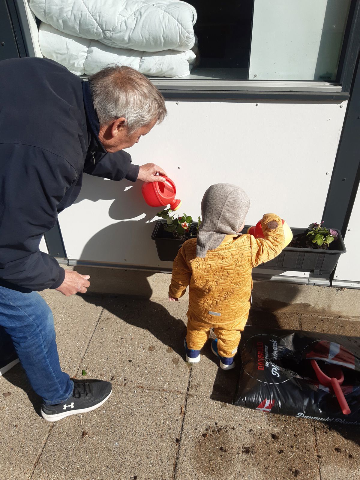 Barn og voksen planter blomster i Tjærbyvejens Vuggestue